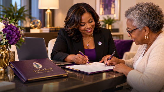 Mobile notary guiding a client through signing important documents