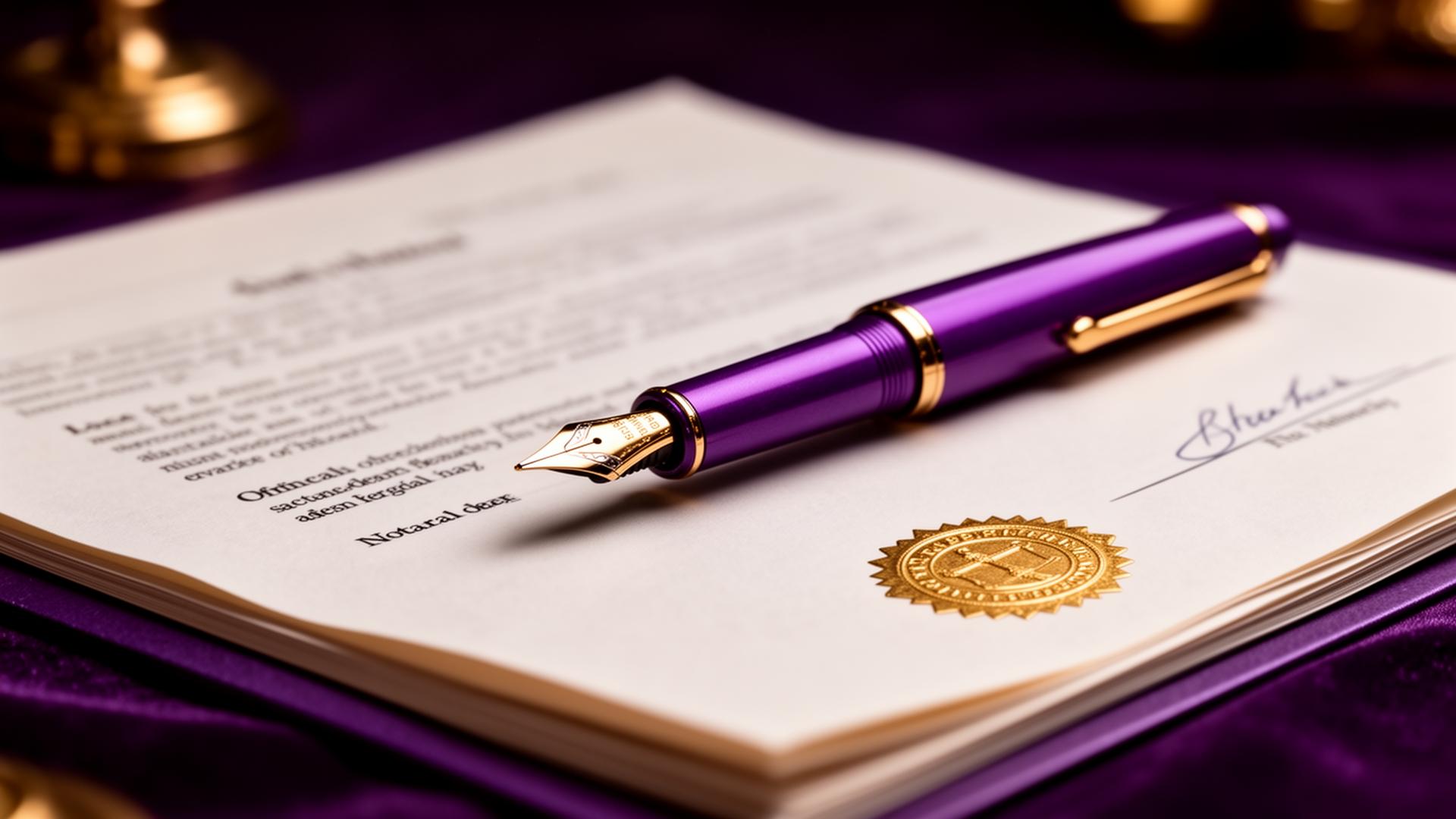 Amethyst fountain pen on official documents with gold notary seal